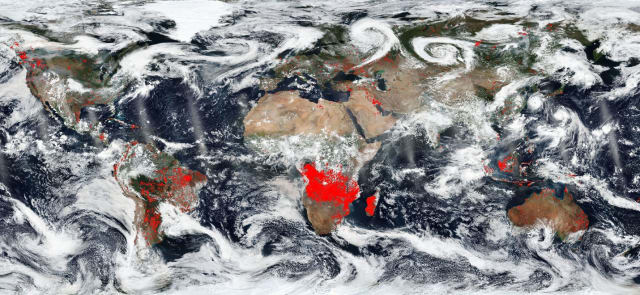 An infrared image of Earth, stitched together from NASA satellite footage. The red represents areas of forest fire. (Image courtesy of NASA).